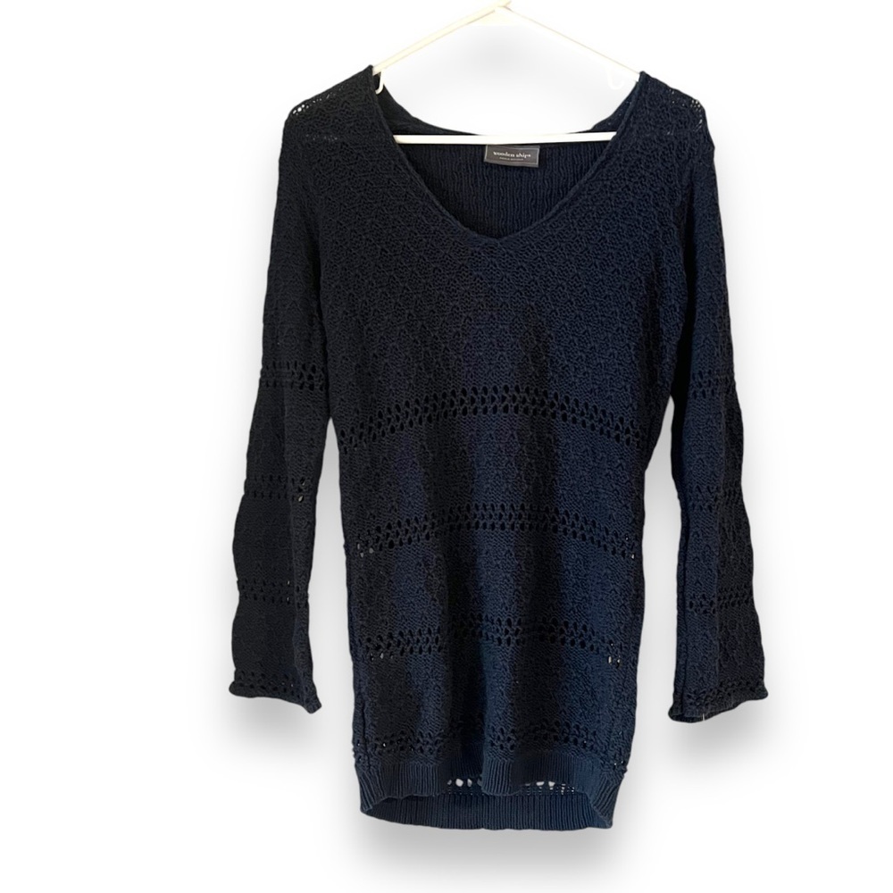 Wooden ships Blue Eyelet Crochet Top Size Small 3/4 Sleeve Open Knit Layering